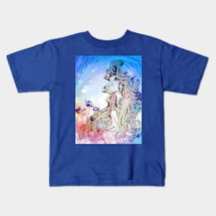 Whimsical Afghan Hound. Daisies. Mucha/Watson. From an Alphonse Mucha illustration. Blue. Kids T-Shirt